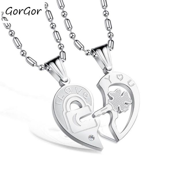 

pendant necklaces gorgor arrivals titanium steel rhinestone key puzzle couple necklace for fashion women jewelry gift gx553, Silver