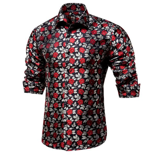 

men's casual shirts hi-tie silver red rose floral men shirt luxury silk for wedding dress fashion slim fit long sleeve drop, White;black