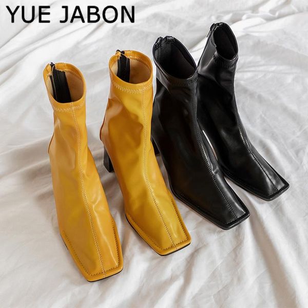 

boots 2021 autumn square toe women ankle chunky 6cm high heel elastic boot female slim fit sock fashion botas mujer, Black