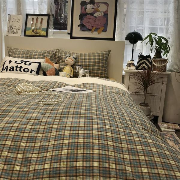 

bedding sets 2021 ins style set dark green grid bed linen cotton japanese 100% full size