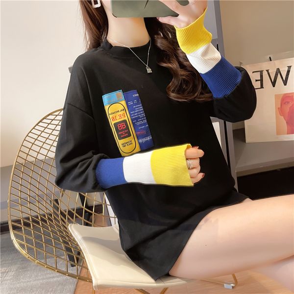 

2021 spring new round neck stitching knitted long-sleeved female letter patch college style fashion t-shirt r3qi, White