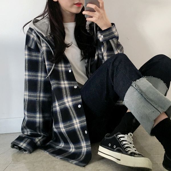 

spring autumn oversized plaid blouse shirts women korean loose long sleeve hooded female chic harajuku streetwear blusas 210225, White