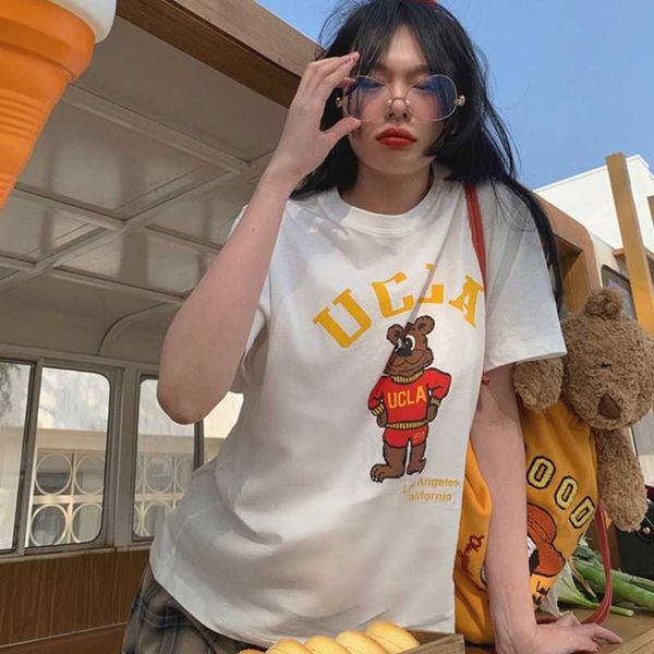 

women's t-shirt 2021 summer printed loose short-sleeved female korean version of the wild thin casual round neck top, White