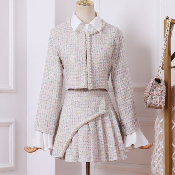 

2021 new autumn korean sweet tweed women woolen short jacket coat + beading pleated skirt set female two piece outfits qp9f, Black;gray