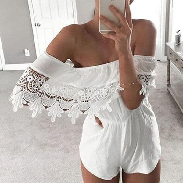 

women summer lace playsuit casual beach off-shoulder short mini jumpsuit rompers, Black;white