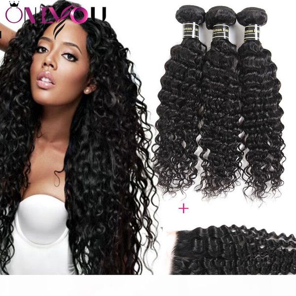 

9a mongolian deep wave kinky curly water straight body wave virgin hair 3bundles with 1 lace closure 100% brazilian peruvian hair extensions, Black