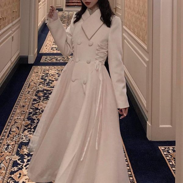 

women's wool & blends autumn/winter sweet girl french retro gentle fairy woolen coat niche design bandage slim long woman splicing dres, Black