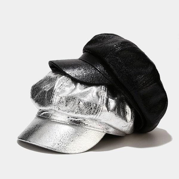 

stingy brim hats women girl beret pu leather winter beanie caps vintage plain solid color elegant lady, Blue;gray