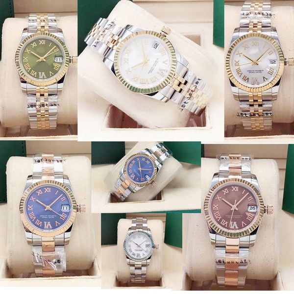 

women watches 31mm ladies watch 6-digit synthetic diamond roman face stainless steel watches date waterproof watch fashion gift wristwatches, Slivery;brown