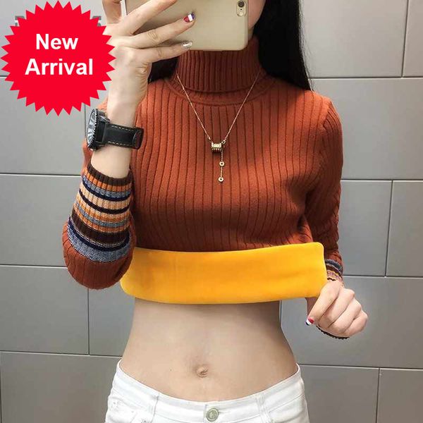 

2021 turtleneck thick warm winter women casual pullovers velvet knitted color sleeve sweater femme, White;black