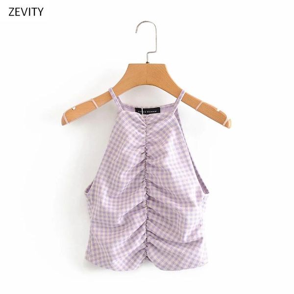 

women's blouses & shirts zevity 2021 women sleeveless plaid print halter smock blouse female slim vest shirt chic pleated elastic blusa, White