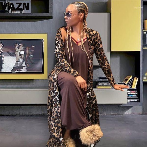 

vazn me348 new elegant fashion open stitch outwears leopard o-neck full sleeve chiffon lady x-long outwears1, Black