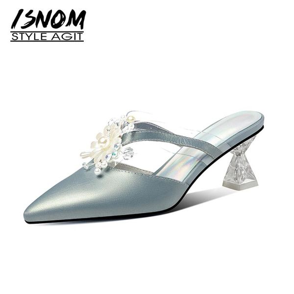 

slippers isnom 2021 women mules genuine leather pointed toe casual slip on crystal med heels slides shoes, Black