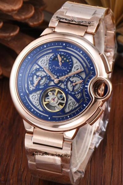 

wristwatches automatic mechanical men watch gmt silver black rose gold day date moonphase watches blue tourbillion, Slivery;brown