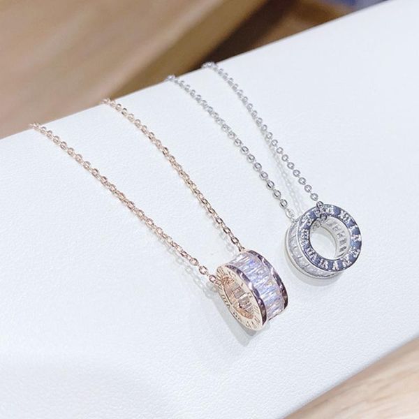 

chains showfay 2021 style fashion short necklace circle inlaid zircon rose gold pendant female accessories for women, Silver