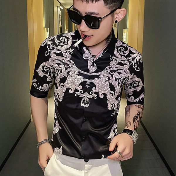 

2021 luxury impression of royal retro-mango men's shirt short casual nightclub party attire thin shirts streetwear chemise homme 7bfh, White;black
