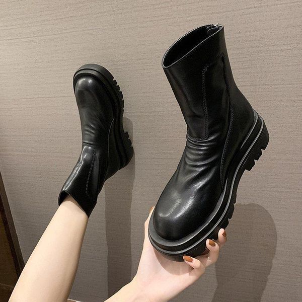 

boots women black pu leather platform ladies fashion thick bottom motorcycle botas drop winter chunky ankle