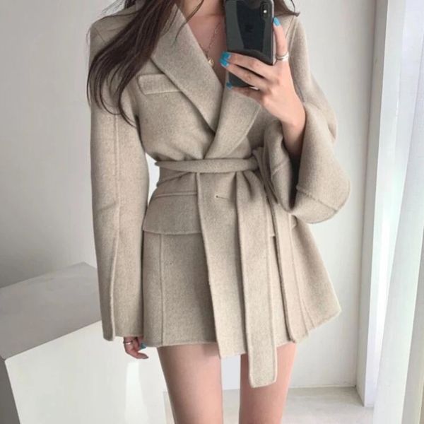 

two piece dress zawfl - women's coat belt, elegant temperament, lace at the waist, retro, casual, wool, loose, thick lapel, long sleeve, White