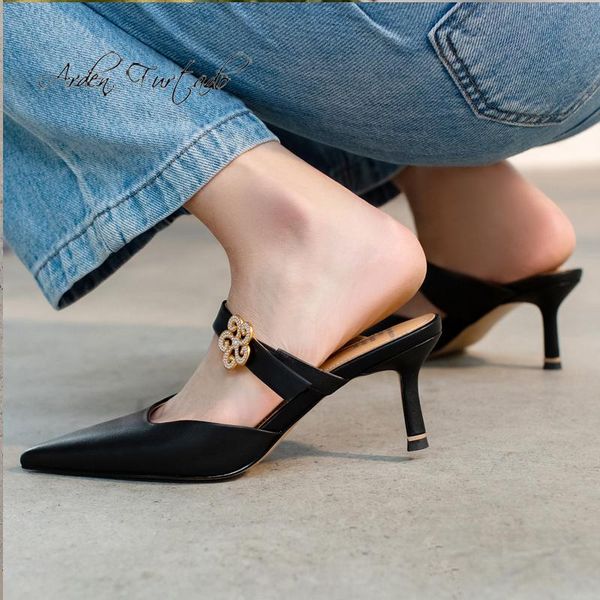 

slippers arden furtado summer fashion 2021 women's shoes genuine leather narrow band elegant stilettos heels 7cm mules size 41, Black