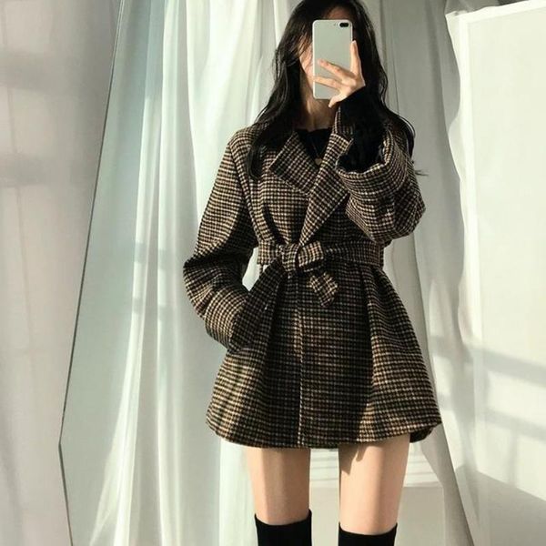 

women's wool & blends 2021 women plaid woolen jacket waistband coat, Black