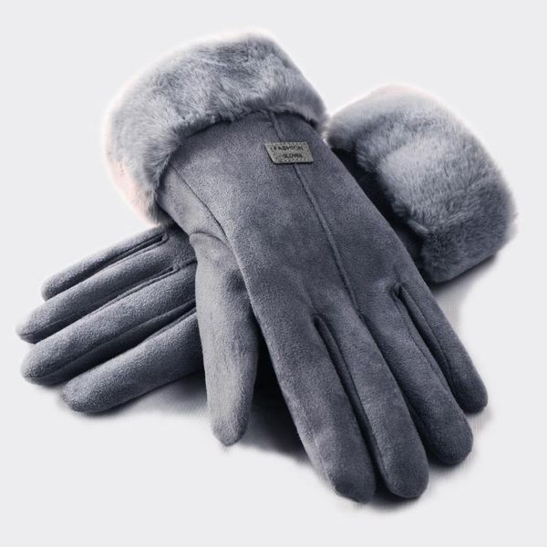 

five fingers gloves women full finger faux fur thicken winter warm touch screen mittens female sequin cashmere ski hand driving, Blue;gray