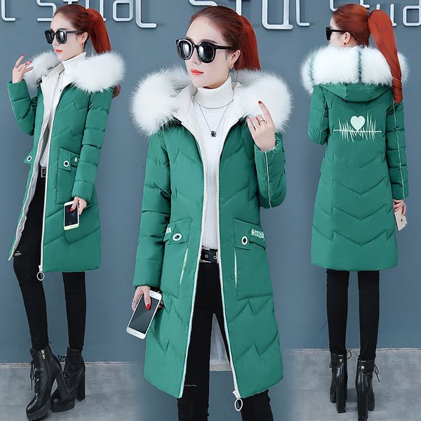 

2021 female parkas winter new long down with fur collar hooded jacket coat thick women cotton padded basic y516 22b1, Black