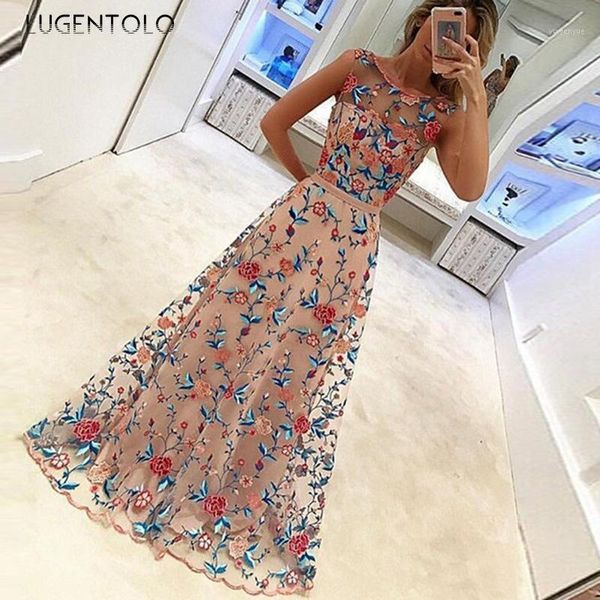 

casual dresses womens party dress sleeveless embroidery o-neck high waist 2021 summer fashion big swing long lugentolo, Black;gray
