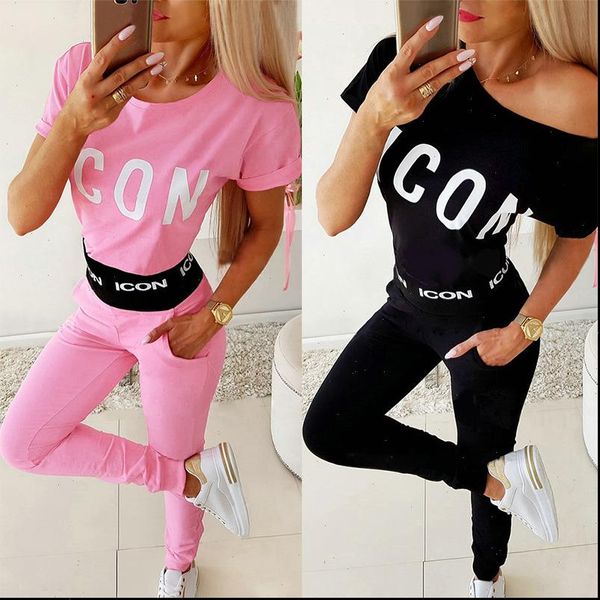 

casual letter printed short sleeve women pullover elastic waist woman pants 2 piece outfits for women womens tracksuit set, Gray