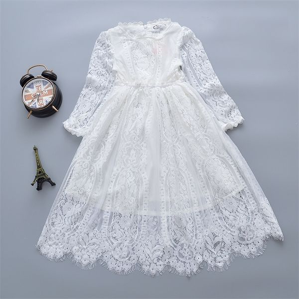 Новые Fairy Girls кружевное платье белые длинные рукава принцесса детей девочка платье девочка детская одежда детские платья для девочек 210303