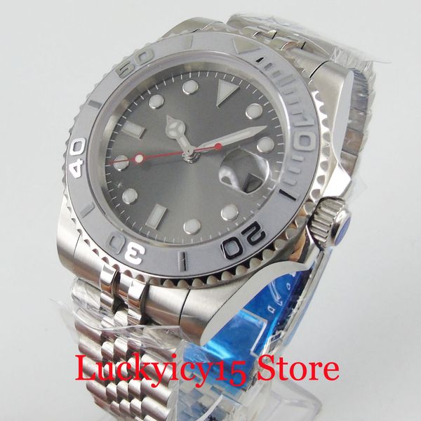 

bliger automatic men watch sapphire glass ceramic bezel date window jubilee strap 40mm case miyota movement, Slivery;brown