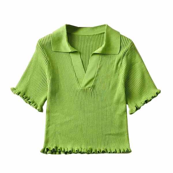 

women's polos women 2021 fashion with ruffle trims cropped knit t shirt vintage lapel collar short sleeve female mujer, White