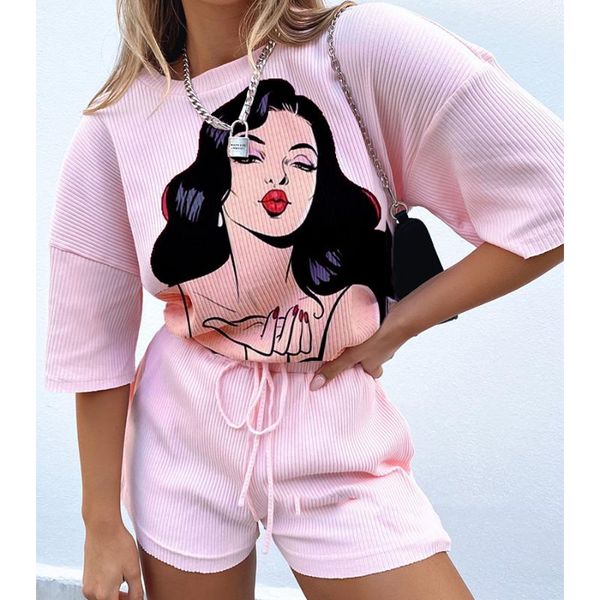 

women's tracksuits super chic 2-piece suit for women pink lady printing oversized t shirts and shorts sets casual streetwear 2021 summe, Gray
