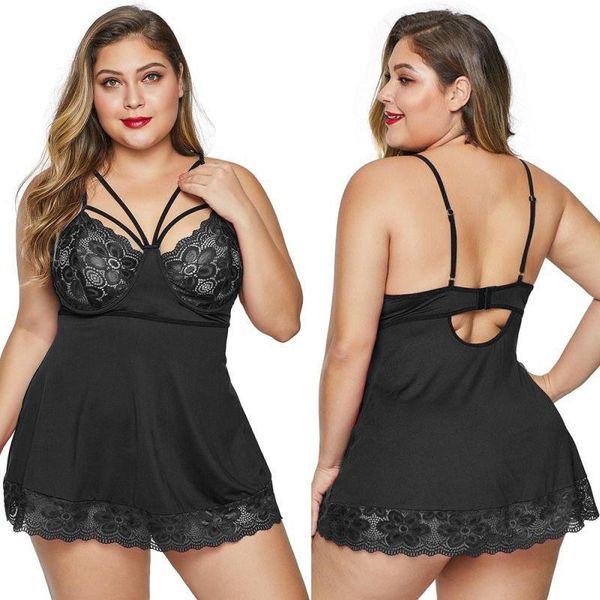 

women's sleepwear erotic nightdress plus size 6xl ladies fashion lace patchwork v neck backless spaghetti strap female nightgown, Black;red