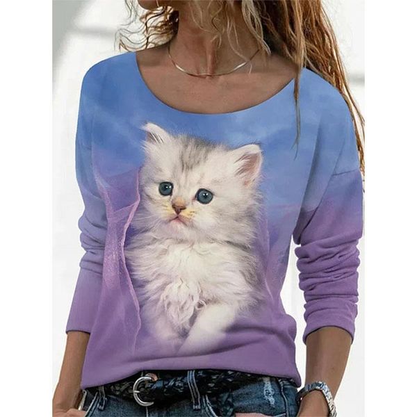 

women's t-shirt 2021 3d lovely cat print harajuku women summer autumn casual long sleeve o-neck clothes china fashion, White