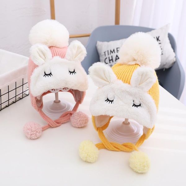 

caps & hats kids baby girls fur ball knitted hat children boys headdress winter cute ear protection cap autumn infant plush, Yellow