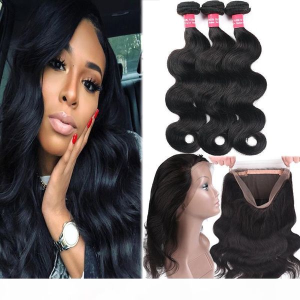 

malaysian body wave & straight 3 bundles with 360 full lace closure 100% virgin human hair weave bundles with closure remy hair extensions, Black