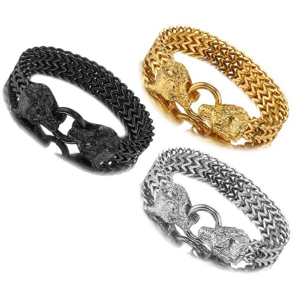 

link, chain punk stainless steel bangle for men wolf head figaro bracelet cuff wristband male jewelry, Black