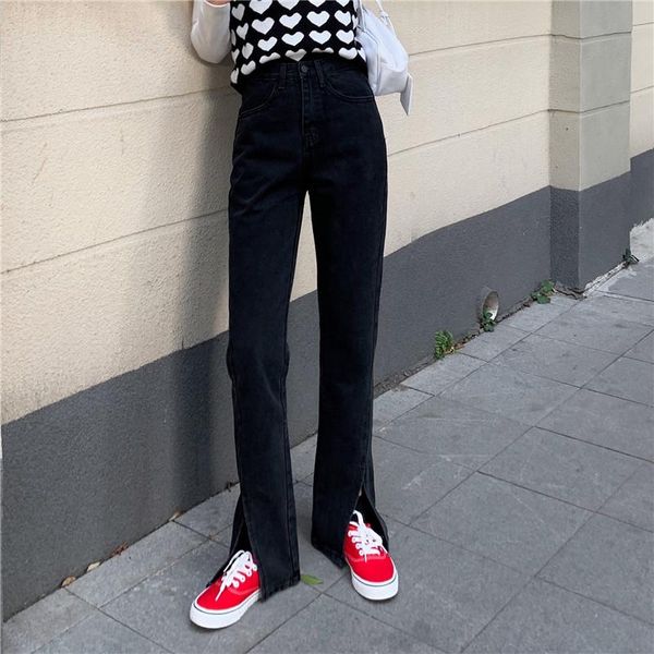 

women's jeans ytx110 2021 spring high waist slim straight black, Blue