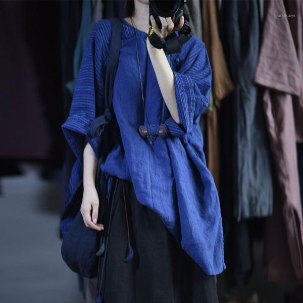 

women's t-shirt johnature women vintage cotton linen blue striped o-neck long sleeve button 2021 autumn loose patchwork, White