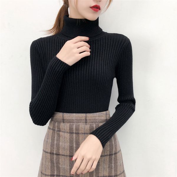 

2021 new korean style winter womens sweater long sleeve knitted sweater turtleneck pullovers female slim full color fashion top, White;black