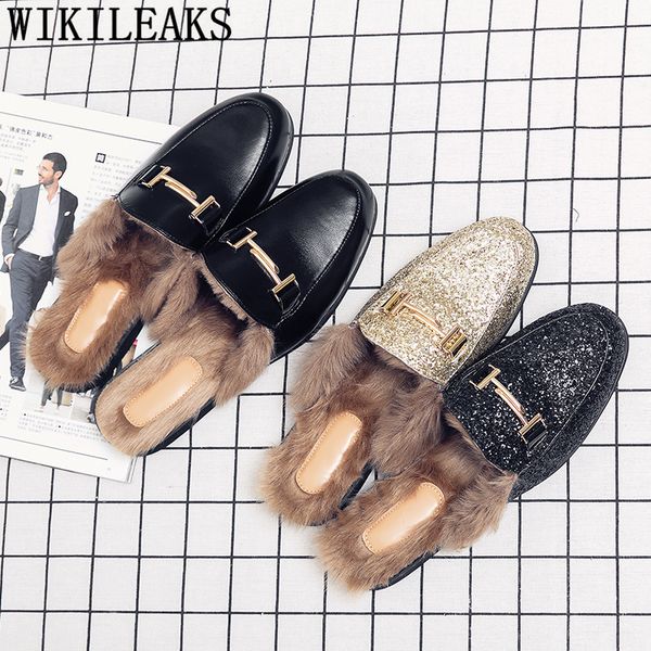 

dress mules with fur luxury half shoes for men mules slip on shoes men fur slippers shoes for men leather sapatos das mulheres, Black