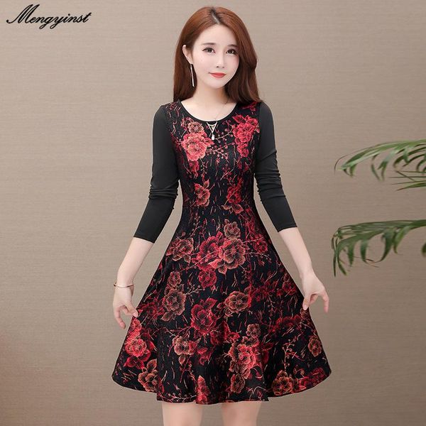 

casual dresses 2021 spring women fashion big flowers print dress female cotton o-neck long sleeve office lady patchwork elegant, Black;gray