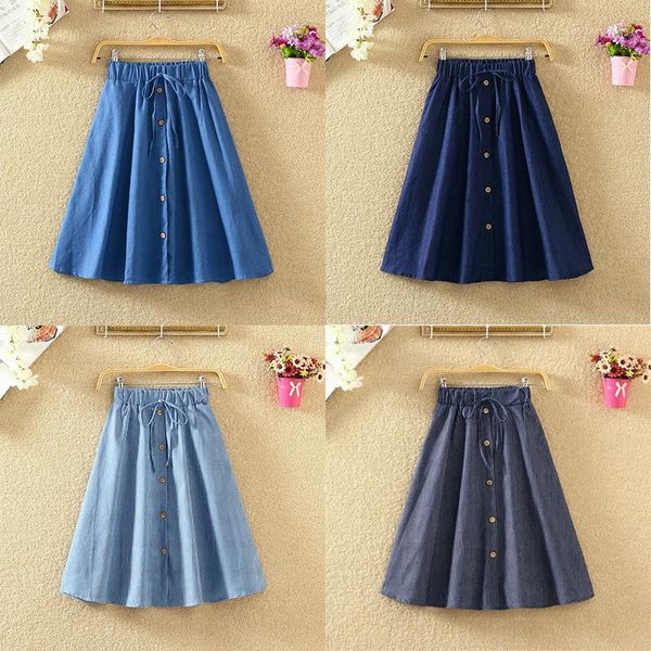 

skirts women a-line denim skirt high waist button front drawstring pleated elastic, Black