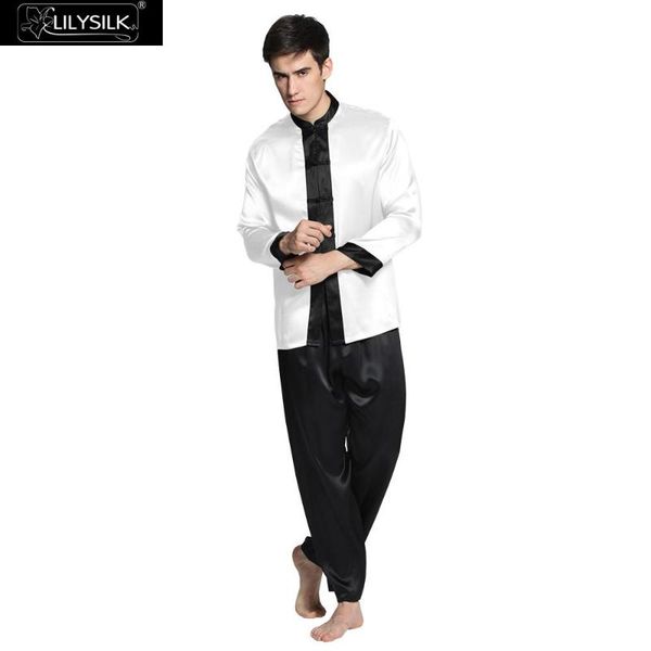 

lilysilk pajamas set for men nightwear pure 100 silk 22 momme long sleeve buttons luxury clearance sale, Black;brown