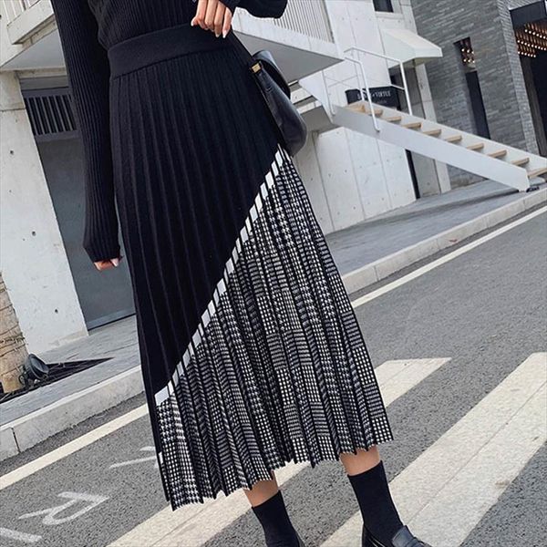 

knitted winter fashion womens skirt houndstooth hit color patchwork pleated thick black warm skirts