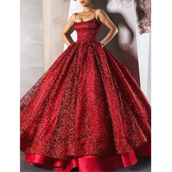 Red Sparkling Lantejoulas Ball Vestido Longo Prom Vestidos Espaguete Cintas Formal Party Dress Plus Size Vestidos de Fiesta
