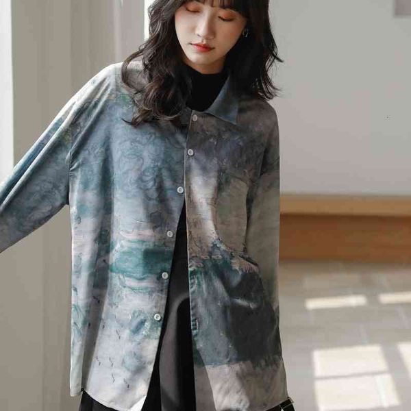 

women's two piece pants gradient hand painted vintage shirt long sleeve and blouse button up collar 2021 fashion designer clot, White