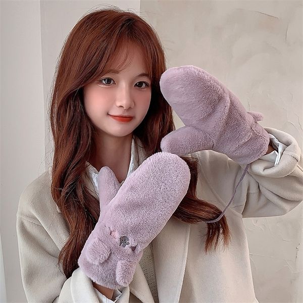 

gloves female winter warm cotton rabbit hair lovely student outdoor cycling neck rope bag finger thickened plush windproof and cold proof, Black