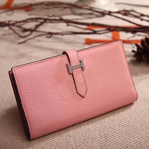 

new solid color litchi cow leather long ladies leather wallet hght quality coin buckle purse, Red;black