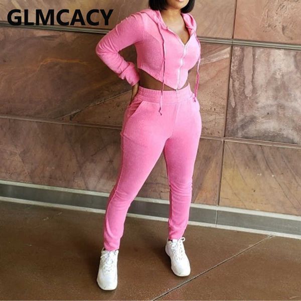 

women two piece fuzzy suits long sleevehooded crop & casual pants set 210702, White